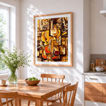 Cubist cello cross stitch artwork displayed on wall as home decor