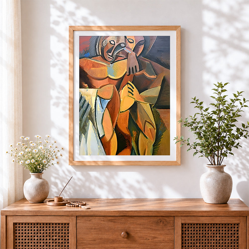 Finished cubist embrace cross stitch artwork displayed