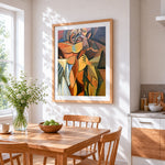 Cubist embrace cross stitch artwork displayed on wall as home decor