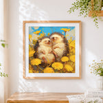 Finished cuddling hedgehogs in dandelions cross stitch artwork displayed
