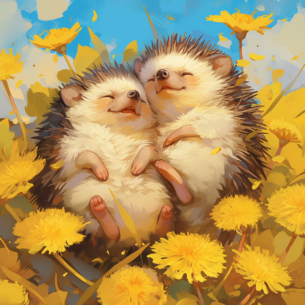 Cuddling hedgehogs in dandelions cross stitch kit for beginners