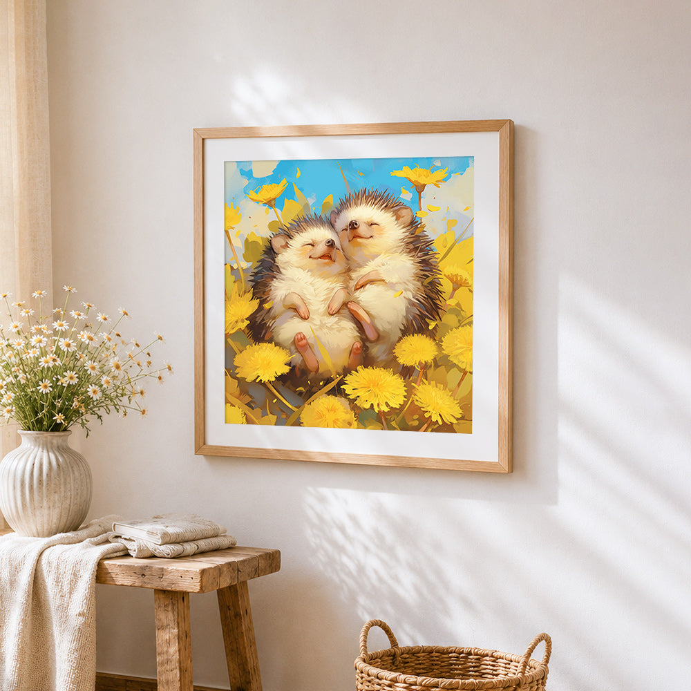 Cuddling hedgehogs in dandelions cross stitch artwork displayed on wall as home decor