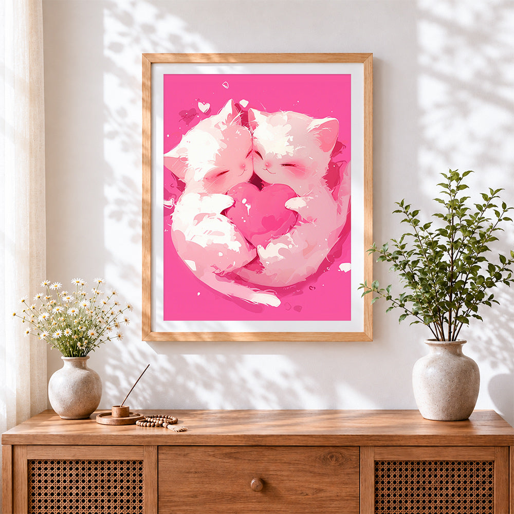 Finished cuddling kittens with heart cross stitch artwork displayed