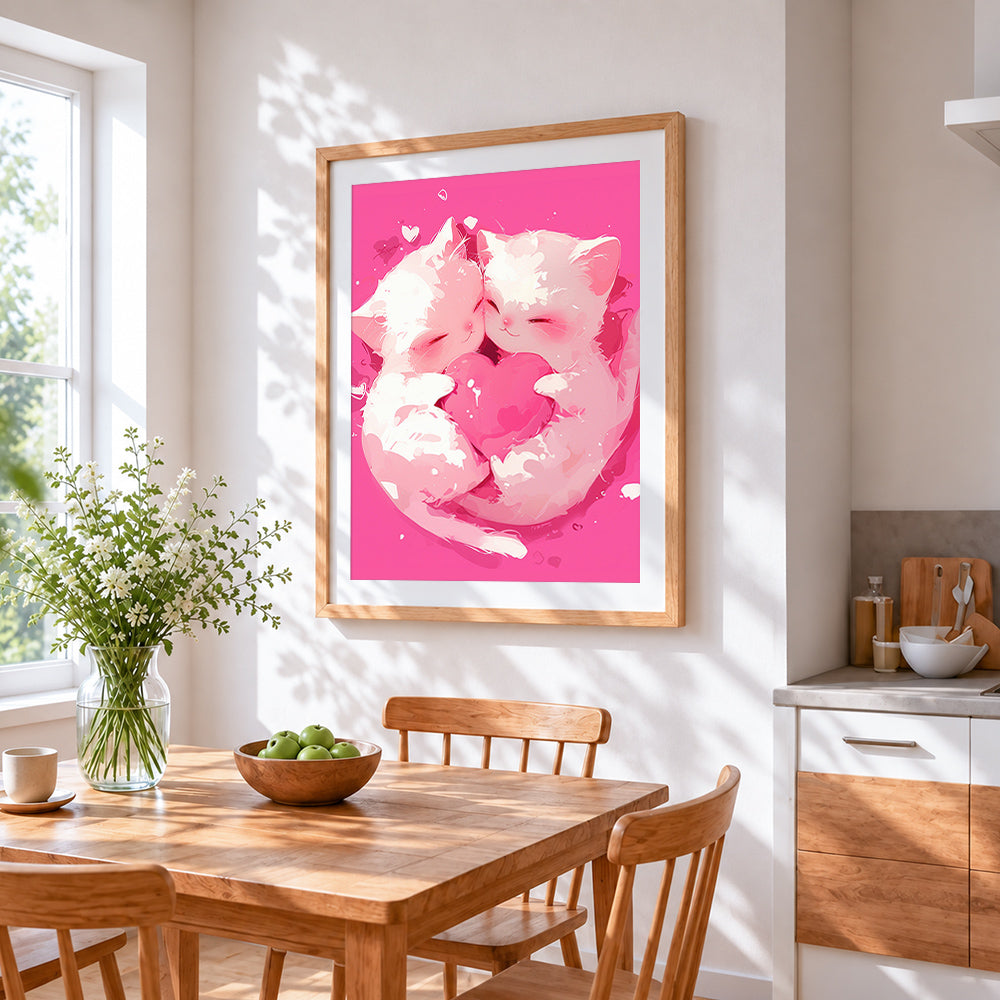 Cuddling kittens with heart cross stitch artwork displayed on wall as home decor