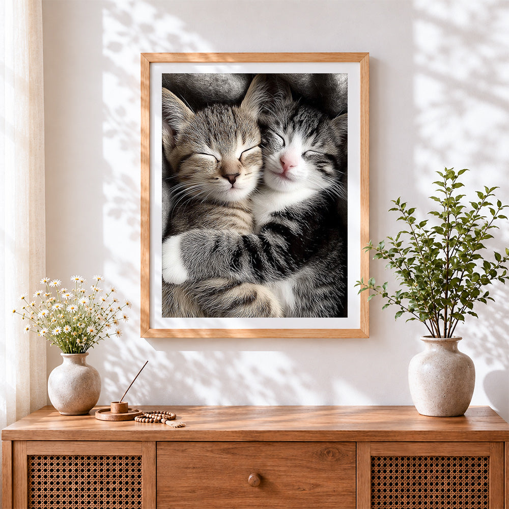 Finished cuddling sleeping kittens cross stitch artwork displayed