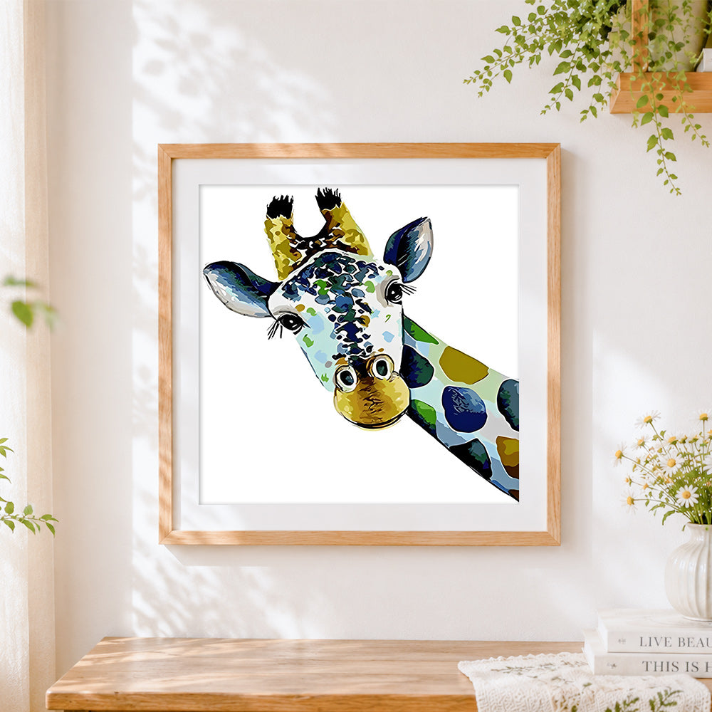 Finished curious giraffe paint by numbers artwork displayed as home decor