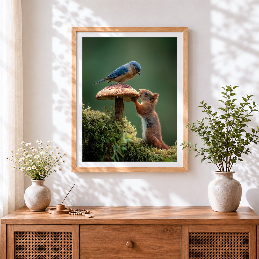 Finished curious squirrel and bluebird on a toadstool cross stitch artwork displayed