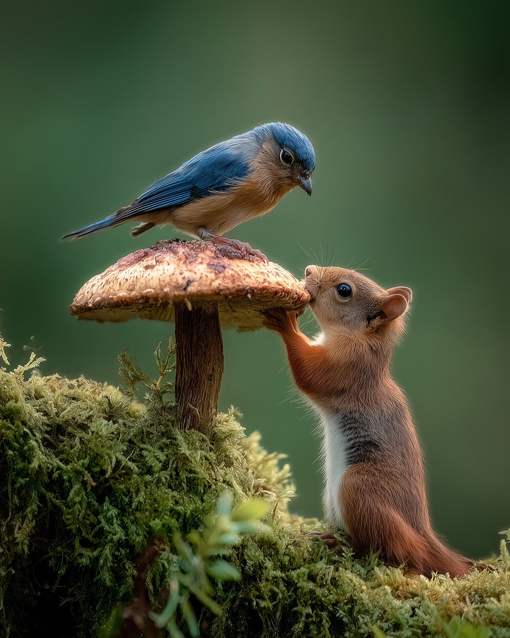 Curious squirrel and bluebird on a toadstool cross stitch kit for beginners