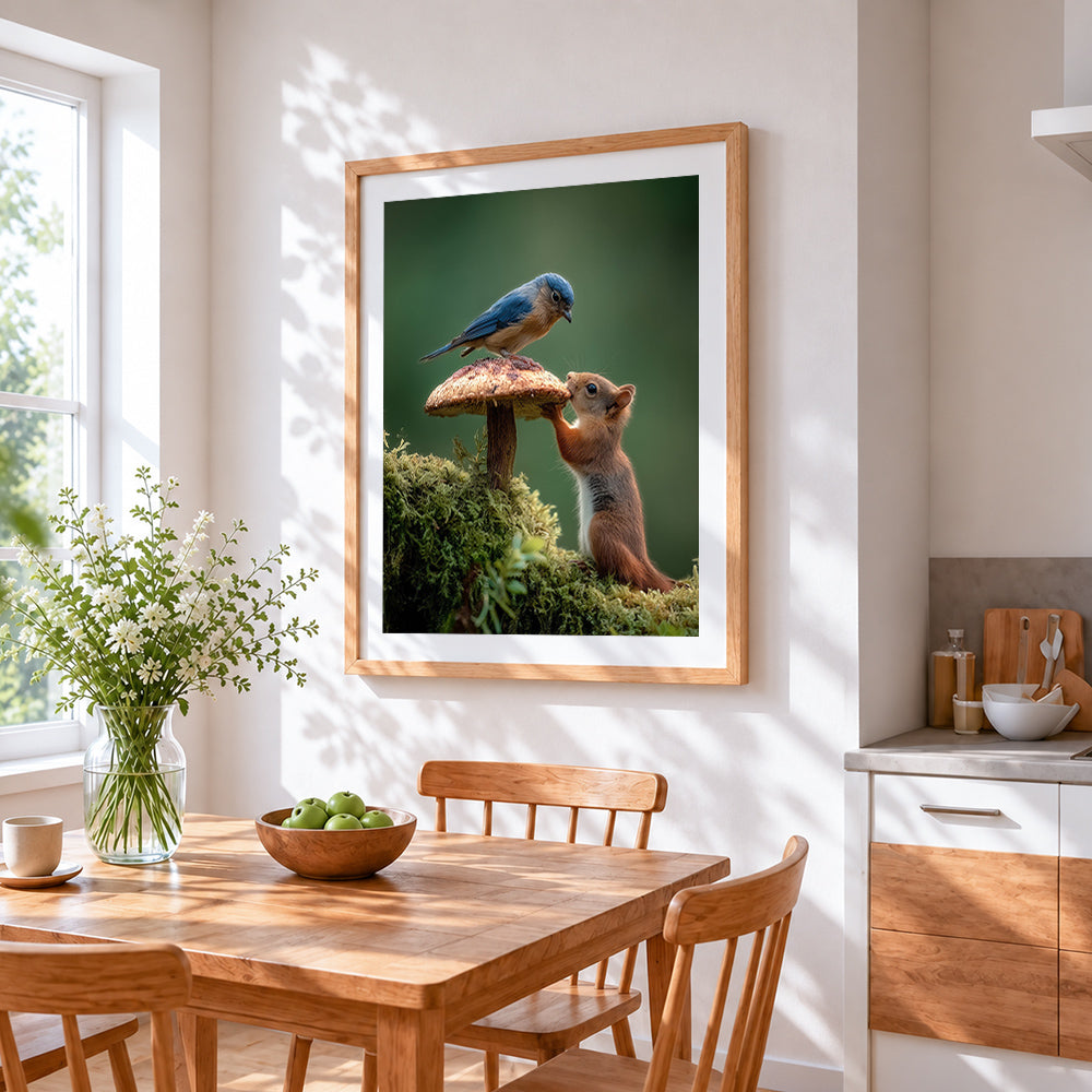 Curious squirrel and bluebird on a toadstool cross stitch artwork displayed on wall as home decor