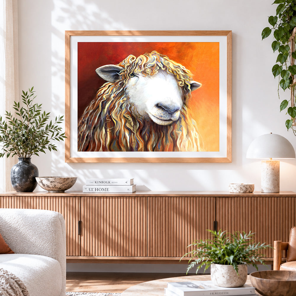 Finished curly sheep paint by numbers artwork displayed as home decor