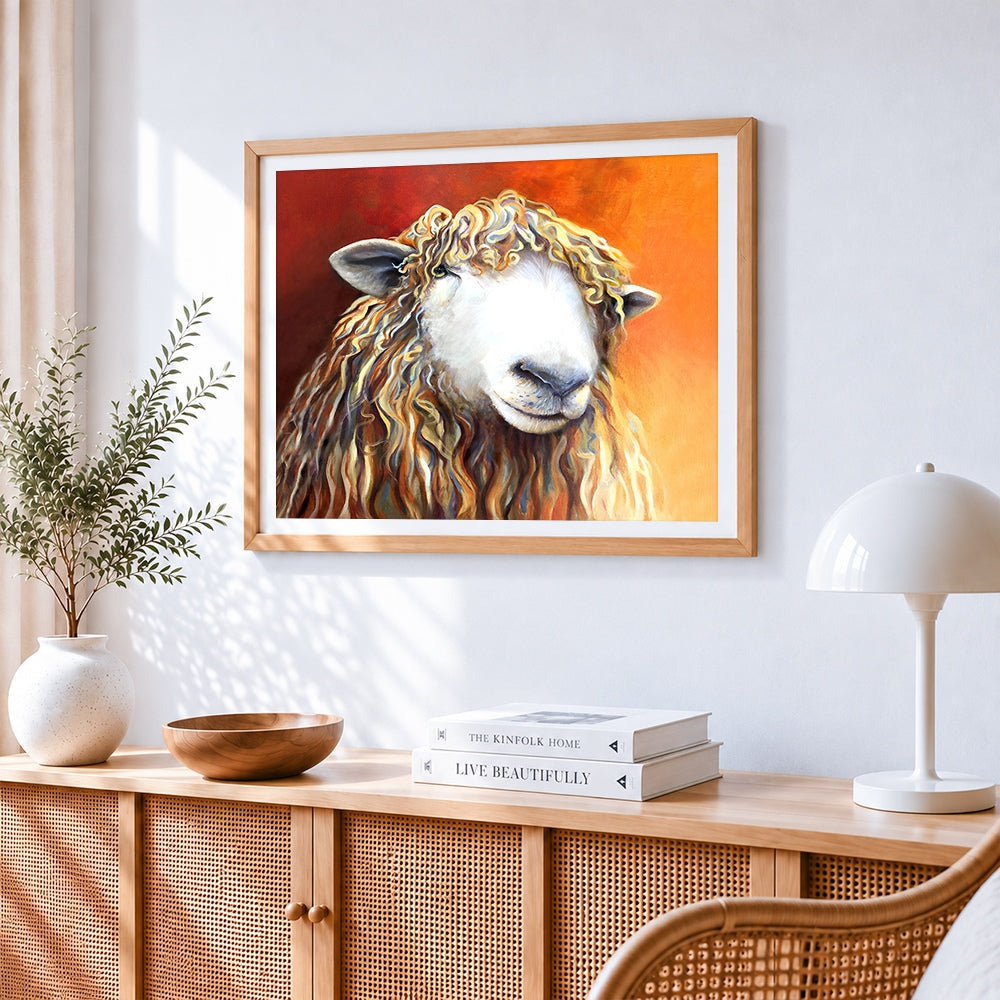 Curly sheep paint by numbers artwork displayed on wall as home decor