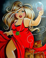 Curvy blonde woman with red wine cross stitch kit for beginners