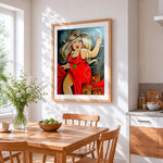 Curvy blonde woman with red wine cross stitch artwork displayed on wall as home decor