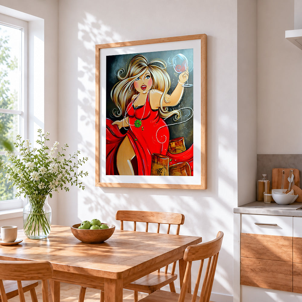 Curvy blonde woman with red wine cross stitch artwork displayed on wall as home decor