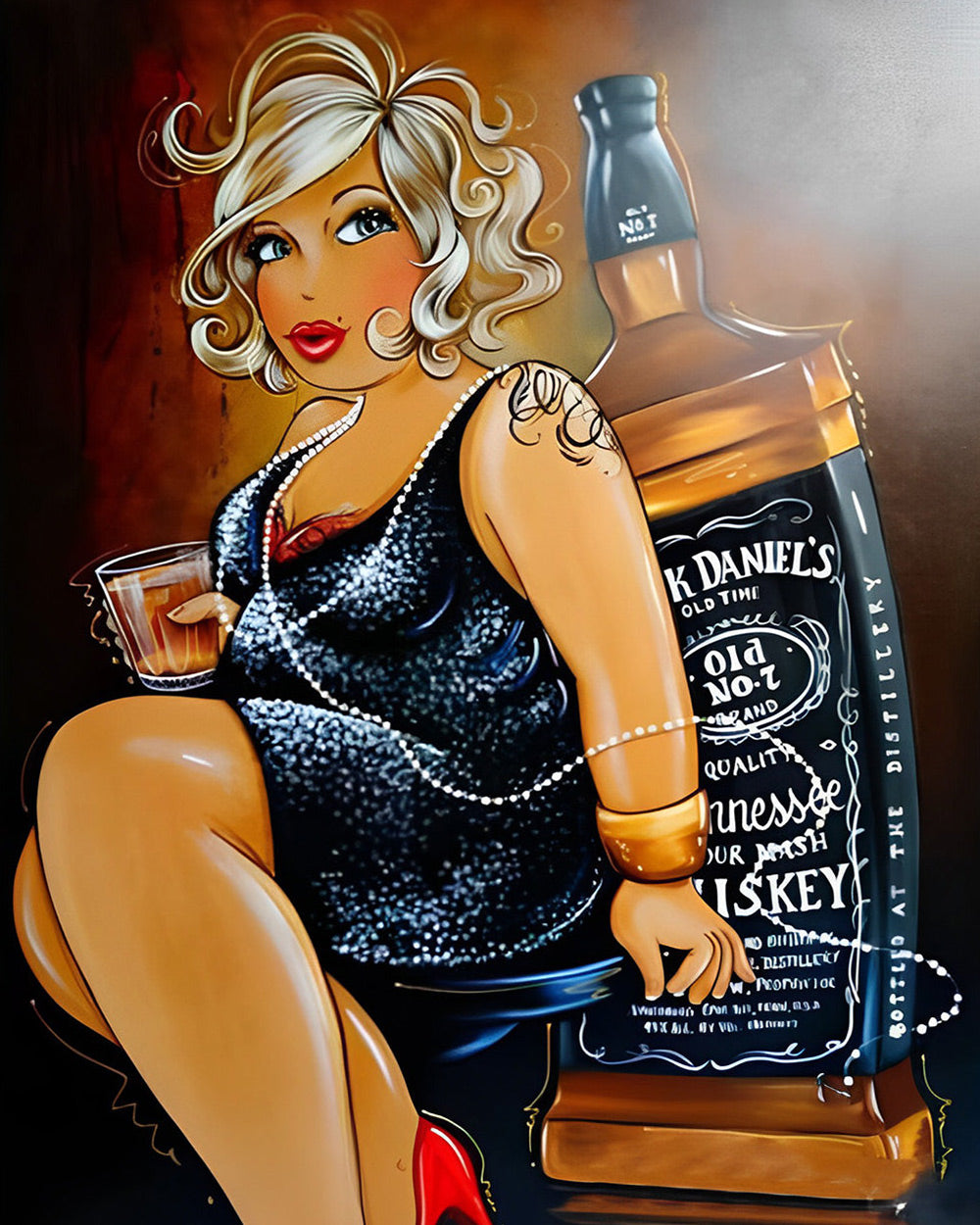 Curvy blonde woman with whiskey cross stitch kit for beginners