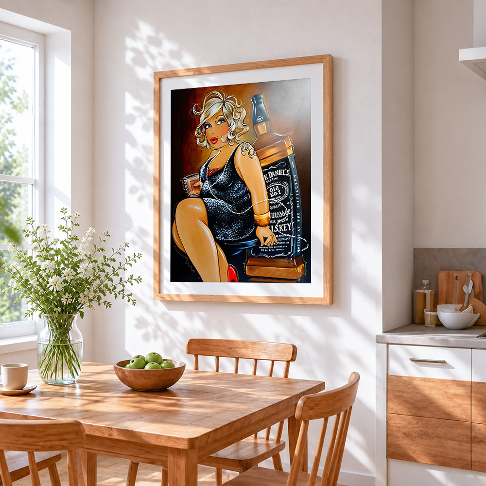 Curvy blonde woman with whiskey cross stitch artwork displayed on wall as home decor