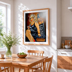 Curvy blonde woman with whiskey cross stitch artwork displayed on wall as home decor