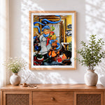 Finished curvy mother with children in snow cross stitch artwork displayed