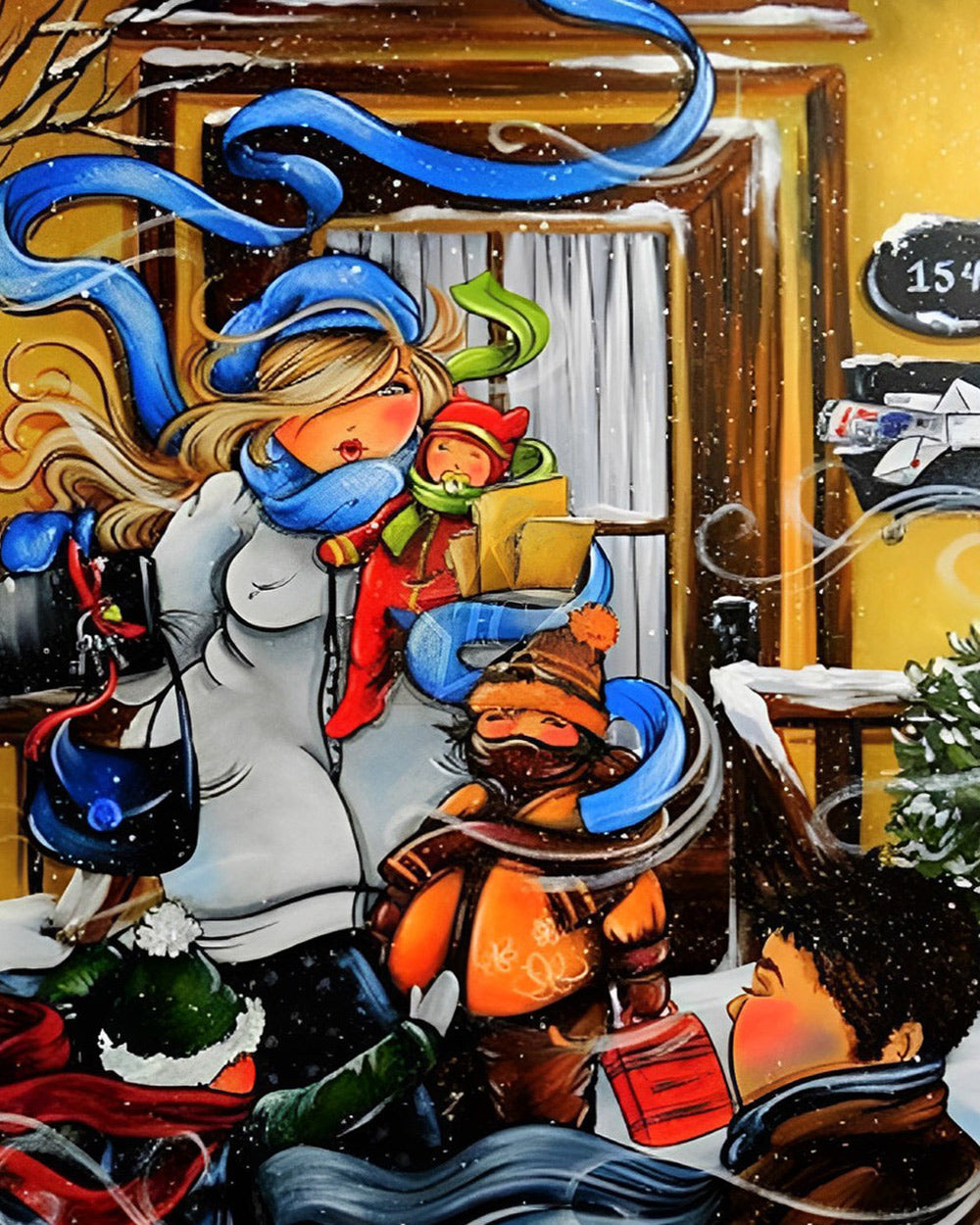 Curvy mother with children in snow cross stitch kit for beginners