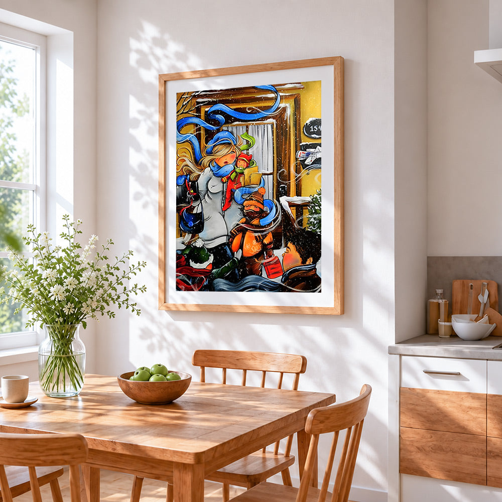 Curvy mother with children in snow cross stitch artwork displayed on wall as home decor