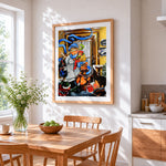 Curvy mother with children in snow cross stitch artwork displayed on wall as home decor