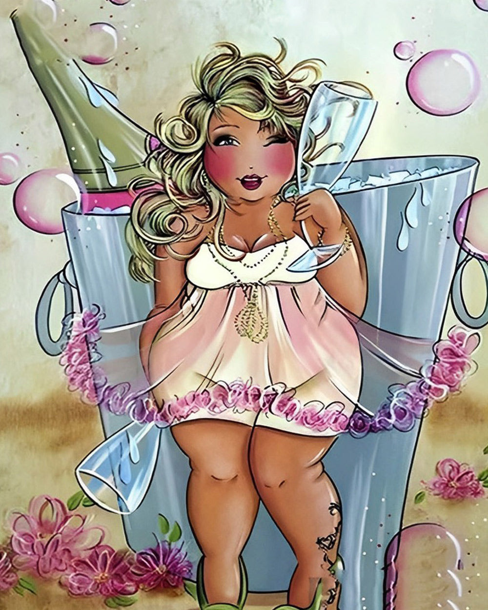 Curvy woman and champagne cross stitch kit for beginners