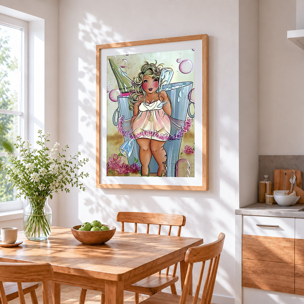 Curvy woman and champagne cross stitch artwork displayed on wall as home decor