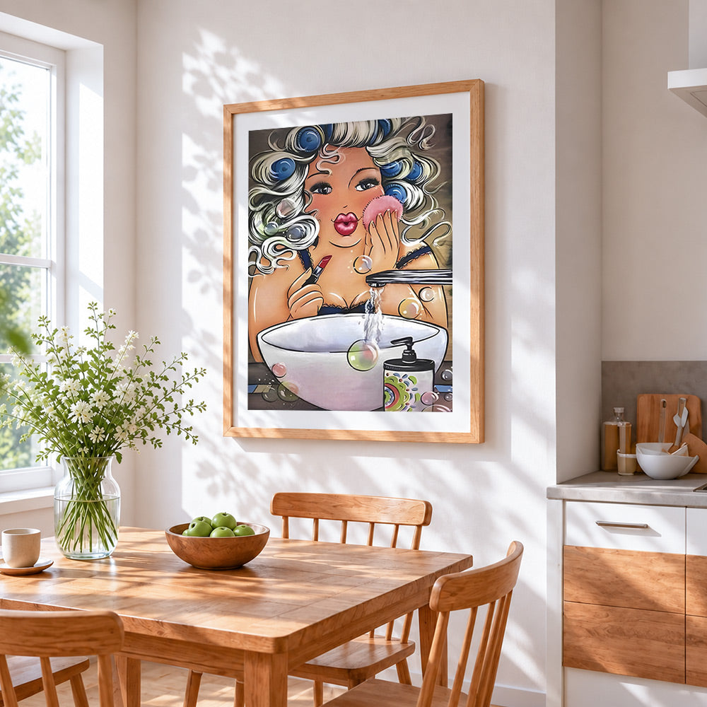 Curvy woman applying makeup cross stitch artwork displayed on wall as home decor