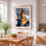 Curvy woman drinking tea cross stitch artwork displayed on wall as home decor