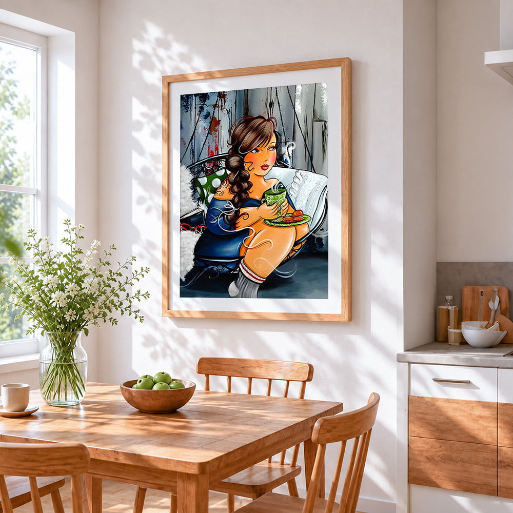 Curvy woman drinking tea cross stitch artwork displayed on wall as home decor