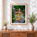 Finished curvy woman feeding birds in garden cross stitch artwork displayed
