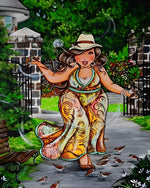 Curvy woman feeding birds in garden cross stitch kit for beginners