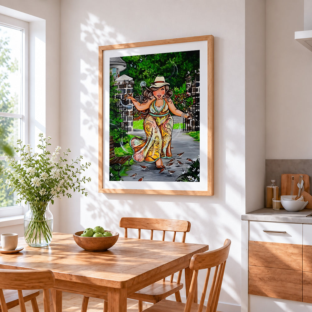 Curvy woman feeding birds in garden cross stitch artwork displayed on wall as home decor