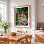 Curvy woman feeding birds in garden cross stitch artwork displayed on wall as home decor