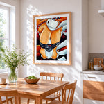Curvy woman in black lingerie cross stitch artwork displayed on wall as home decor