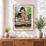 Finished curvy woman meditating in yoga pose cross stitch artwork displayed
