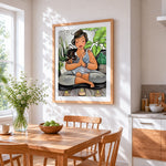 Curvy woman meditating in yoga pose cross stitch artwork displayed on wall as home decor
