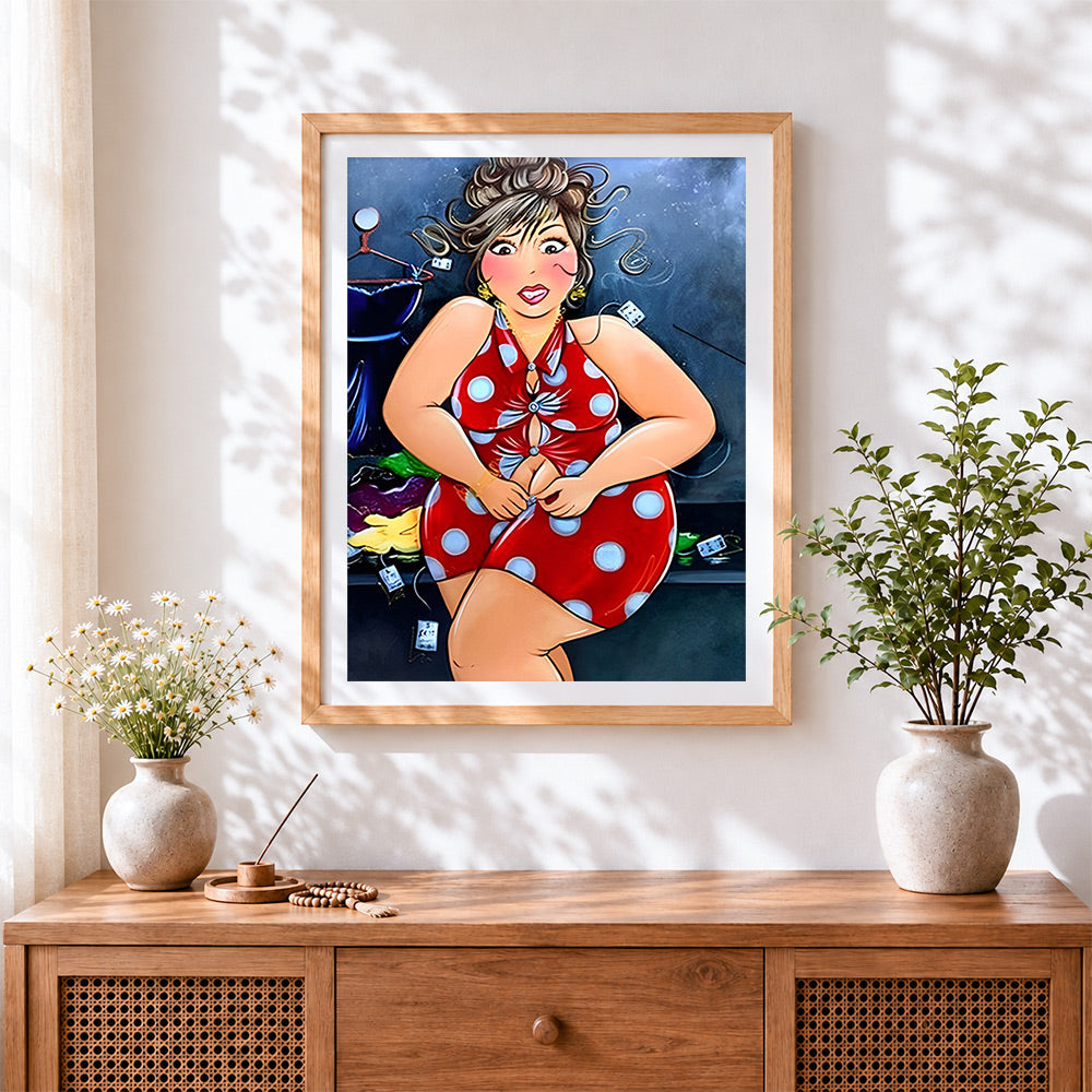 Finished curvy woman trying on polka dot dress cross stitch artwork displayed