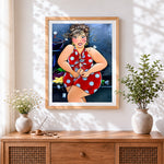Finished curvy woman trying on polka dot dress cross stitch artwork displayed