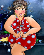 Curvy woman trying on polka dot dress cross stitch kit for beginners