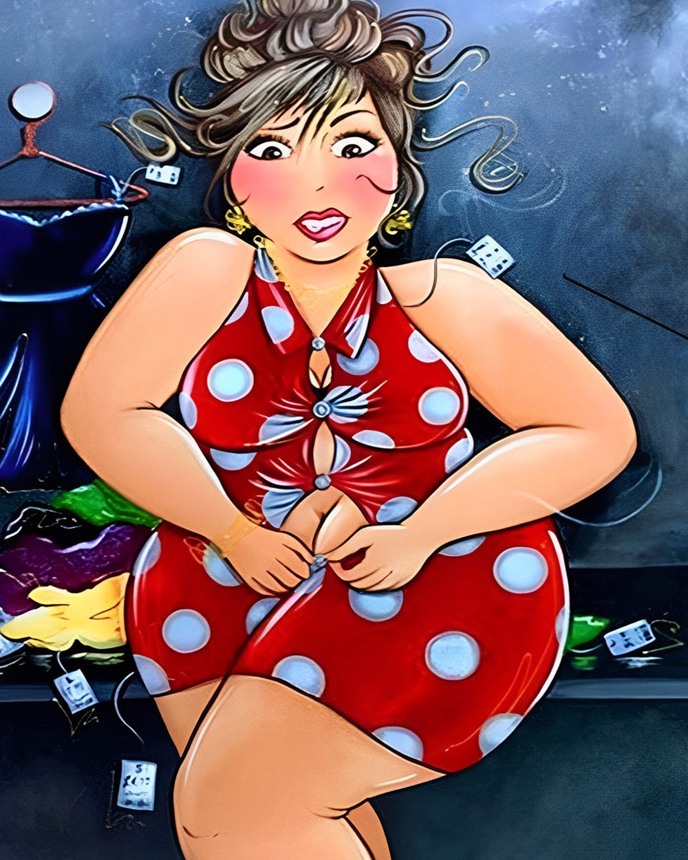 Curvy woman trying on polka dot dress cross stitch kit for beginners