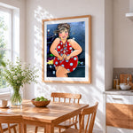 Curvy woman trying on polka dot dress cross stitch artwork displayed on wall as home decor