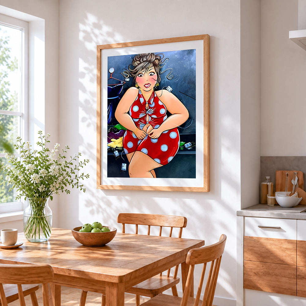 Curvy woman trying on polka dot dress cross stitch artwork displayed on wall as home decor