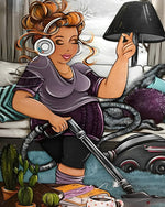 Curvy woman vacuuming with headphones cross stitch kit for beginners
