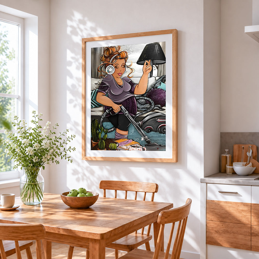Curvy woman vacuuming with headphones cross stitch artwork displayed on wall as home decor