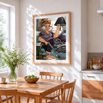 Curvy woman vacuuming with headphones cross stitch artwork displayed on wall as home decor