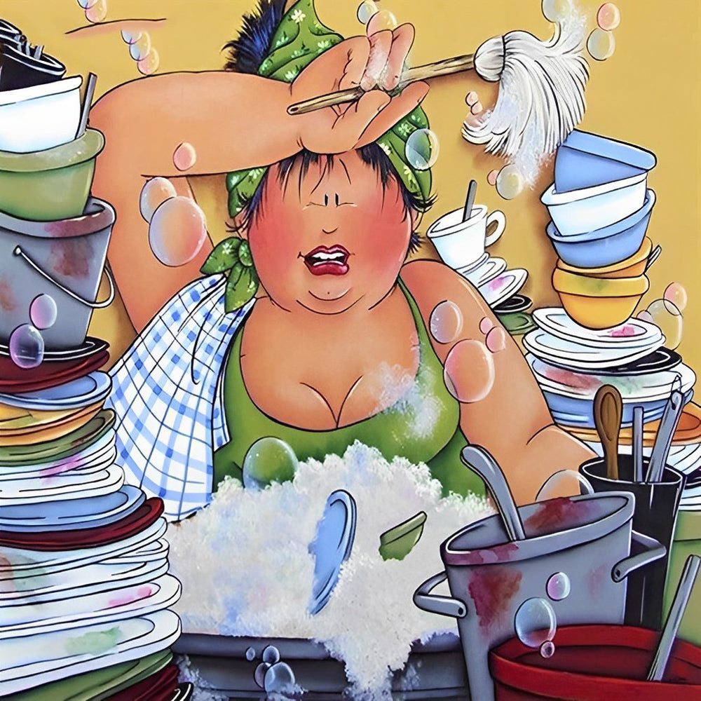Curvy woman washing dishes cross stitch kit for beginners