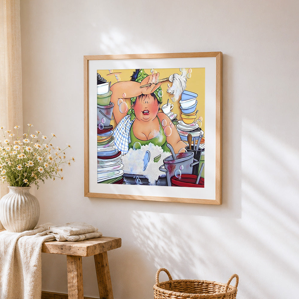 Curvy woman washing dishes cross stitch artwork displayed on wall as home decor