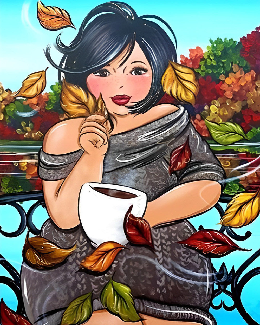 Curvy woman with coffee in autumn cross stitch kit for beginners