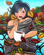 Curvy woman with coffee in autumn cross stitch kit for beginners